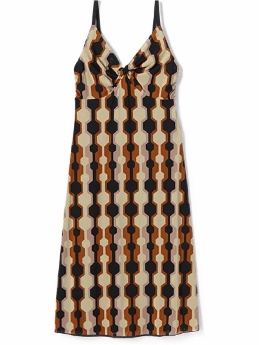 Cabi Honeycomb Geometric Print Midi Dress Brown Tan Black V-Neck Style 4588 S